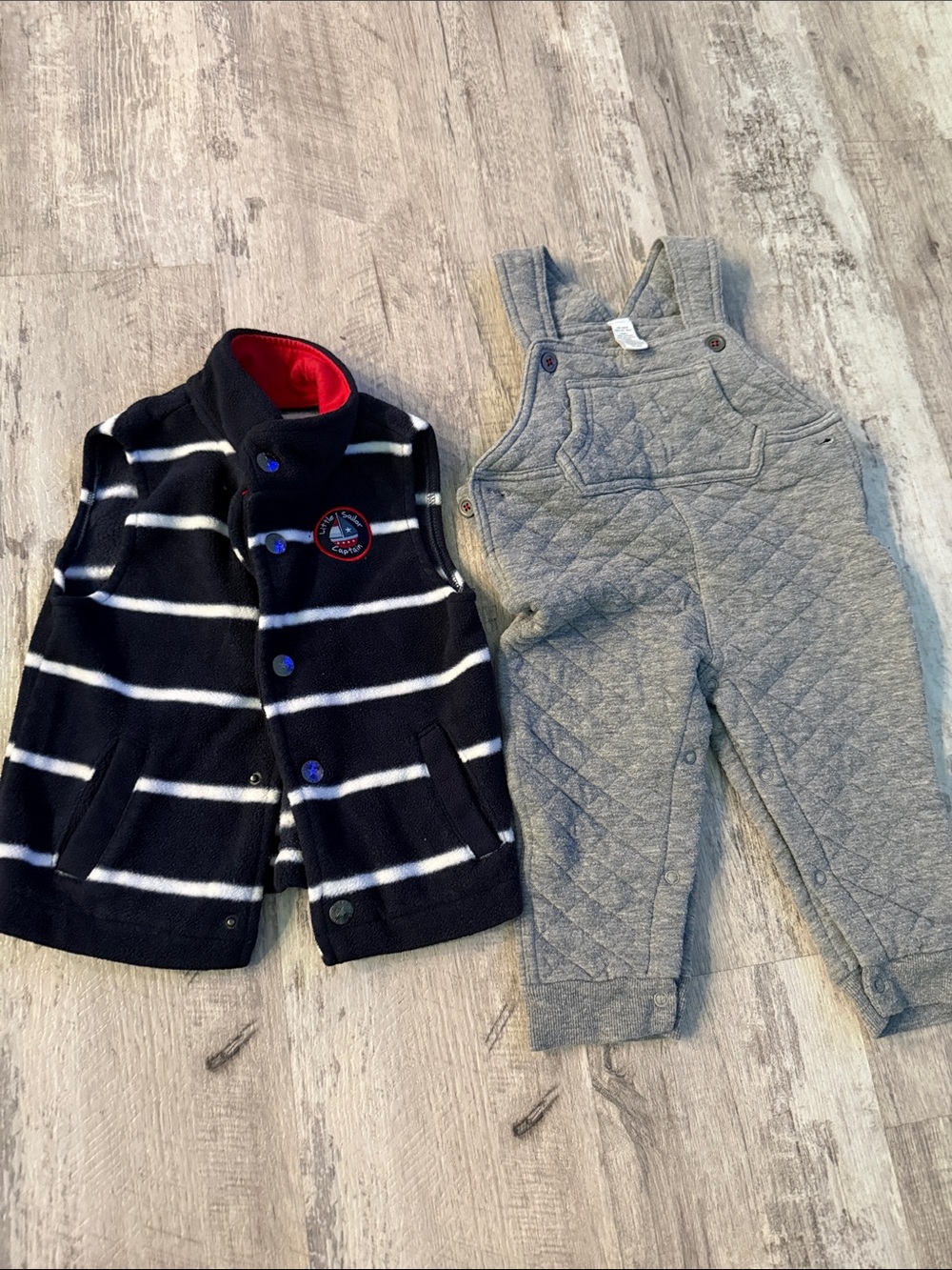 Striped Navy Baby Winter Vest & Quilted Gray Overalls Set
